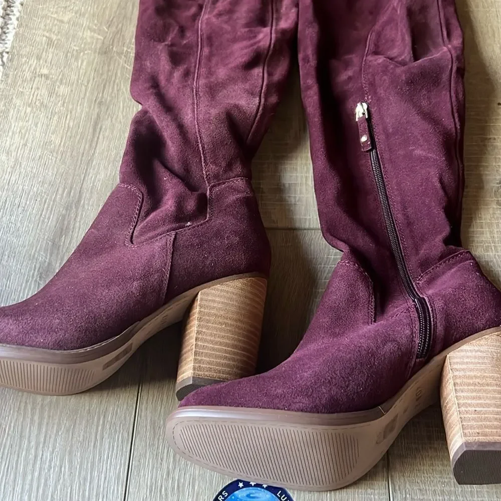 NWOB Kelsi Dagger Logan Over-The-Knee Burgundy Wine Suede Boots US 9